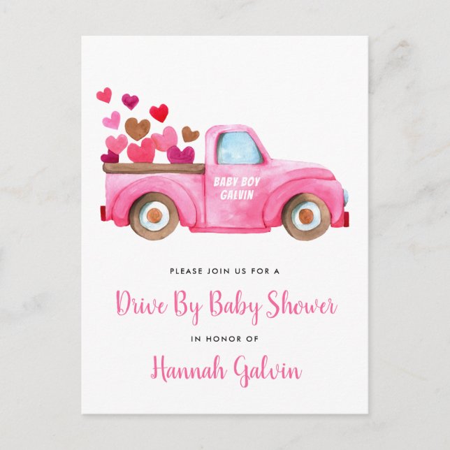 Invitation Carte Postale Conduire Par Baby shower Coeurs De Camion Rose (Devant)