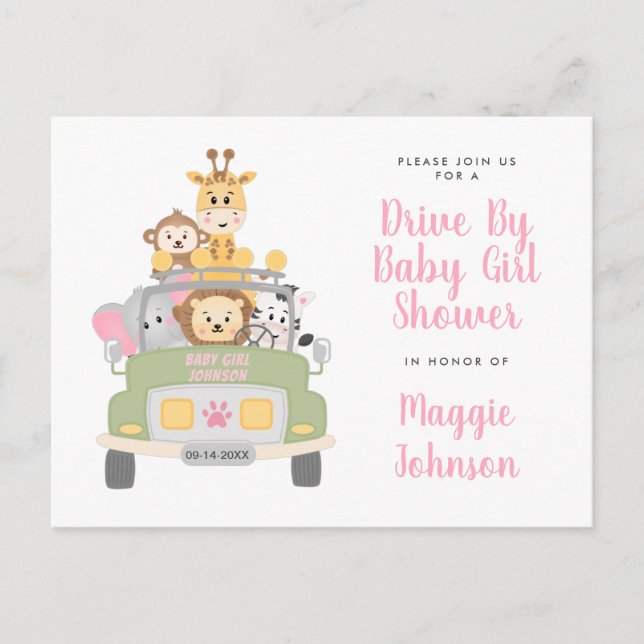 Invitation Carte Postale Conduite Par Animal Safari Cute Rose Baby Girl Dou (Devant)