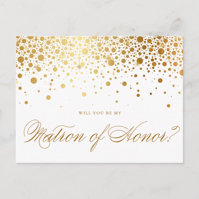 Invitation Carte Postale Confettis en feuille d'or faux | Soyez ma matrone  (Devant)