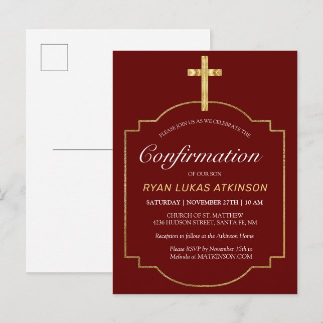 Invitation Carte Postale Confirmation de la Croix d'or simple de Bourgogne  (Devant / Derrière)