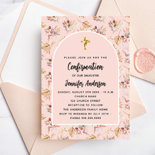 Invitation Carte Postale Confirmation pampas herbe fleurs rose or boho