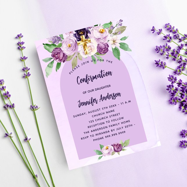 Invitation Carte Postale Confirmation violet fleurs violet croix fille (Créateur téléchargé)