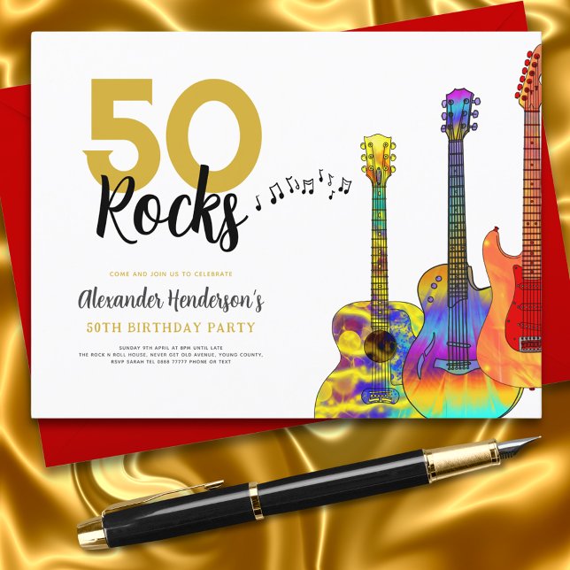 Invitation Carte Postale Cool 50 rochers guitare 50e anniversaire fête (Rock and roll guitar 50 rocks 50th birthday party invitation with funky colorful guitars)