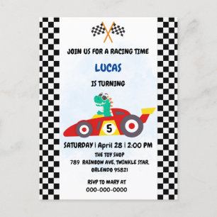 Invitation Carte Postale Cool Dinosaur Red race voiture garçon anniversaire