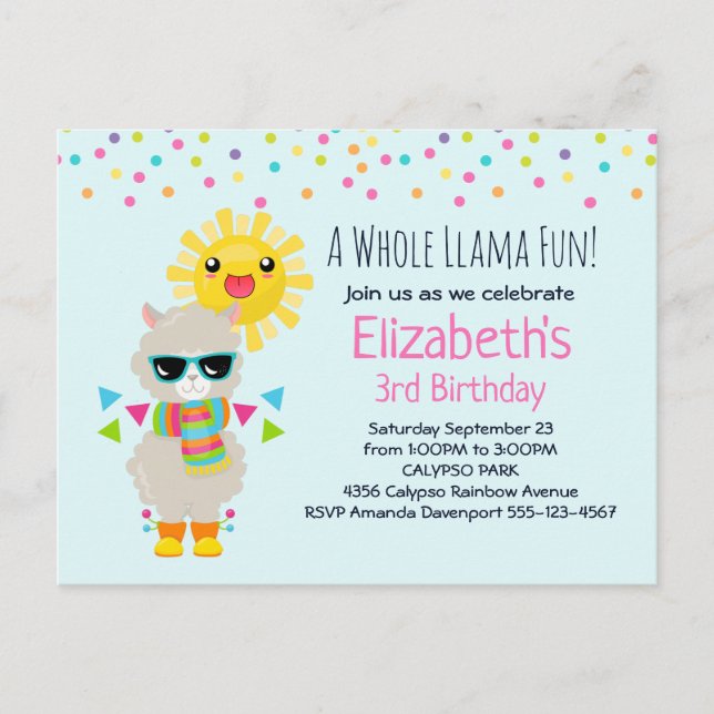 Invitation Carte Postale Cool Llama et souriant Kawaii Anniversaire du sole (Devant)