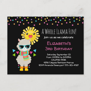 Invitation Carte Postale Cool Llama et souriant Kawaii Anniversaire du sole