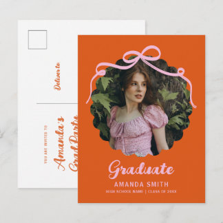 Invitation Carte Postale Coquette Bow Retro Orange & Pink Graduation Photo