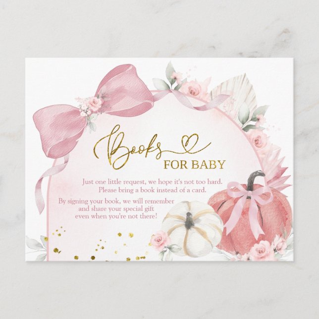 Invitation Carte Postale Coquette rose Baby shower Citrouille Livres pour b (Devant)