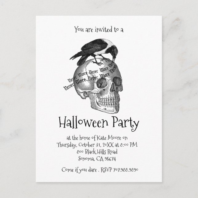 Invitation Carte Postale Corbeau Et Crâne Jamais Plus D'Halloween (Devant)