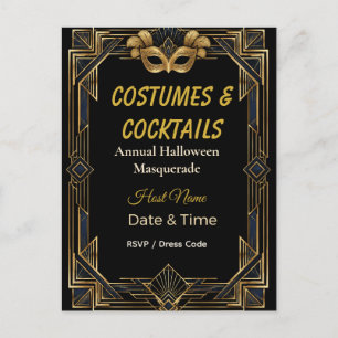 Invitation Carte Postale Costumes et Cocktails Masquerade Art Déco Élégants