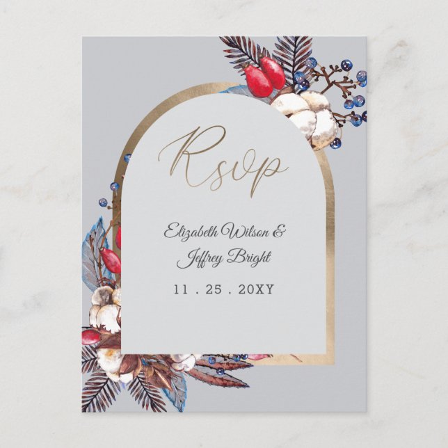 Invitation Carte Postale Coton D'Hiver Dusty Bleu Baies Rouges Arché Rsvp (Devant)
