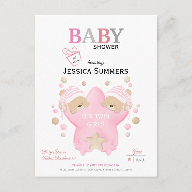 Invitation Carte Postale Couchage Mignonne Ours En Teddy Twin Girls Douche  (Devant)
