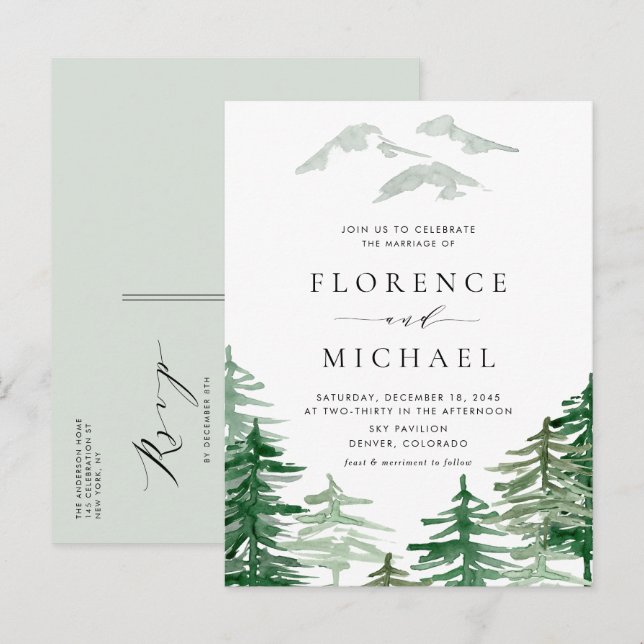 Invitation Carte Postale Couleur d'eau romantique Mariage de bois (Devant / Derrière)