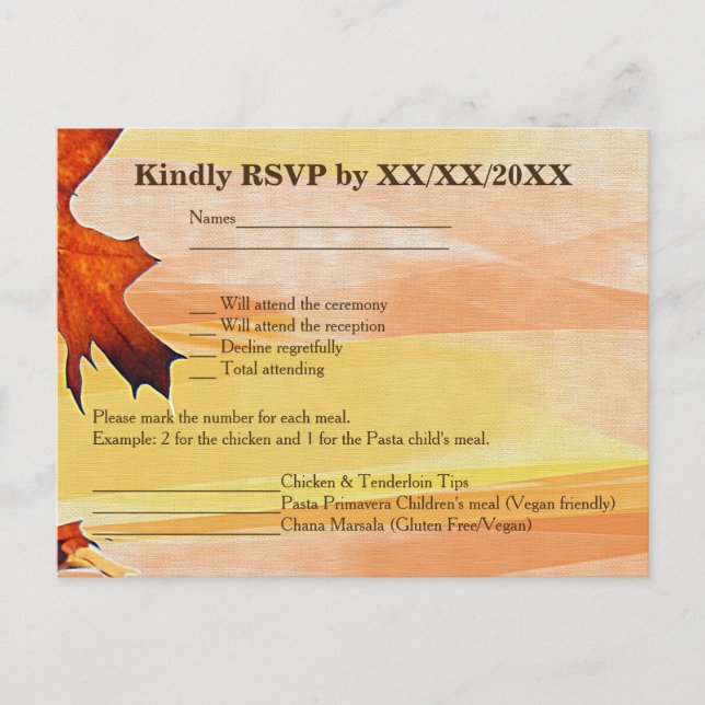 Invitation Carte Postale Couleur RSVP de remous de feuille d'automne et (Devant)