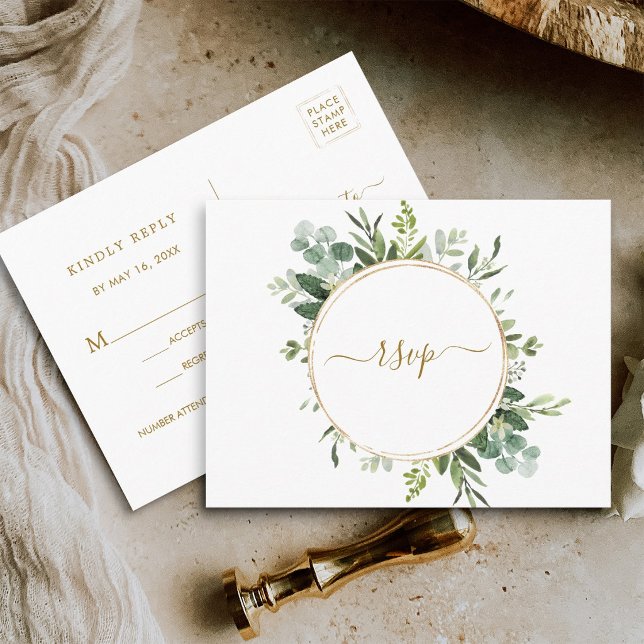 Invitation Carte Postale Couronne de cercle d'or botanique RSVP de mariage (Front & Back
)
