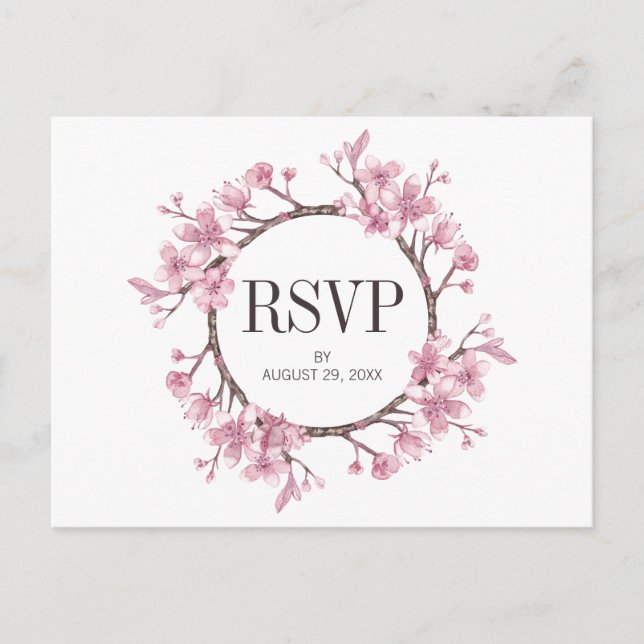 Invitation Carte Postale Couronne de fleurs de cerisier rose Mariage RSVP (Devant)