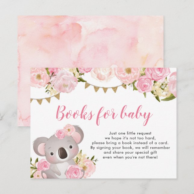Invitation Carte Postale Couronne rose Florale Koala Livres Pour Bébé (Devant / Derrière)