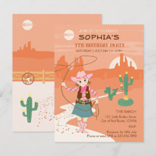 Invitation Carte Postale Cowgirl avec un lasso et cactus Fête d'anniversair