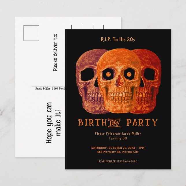 Invitation Carte Postale Crâne drôle Orange Gothique Anniversaire RIP à ses (Devant / Derrière)