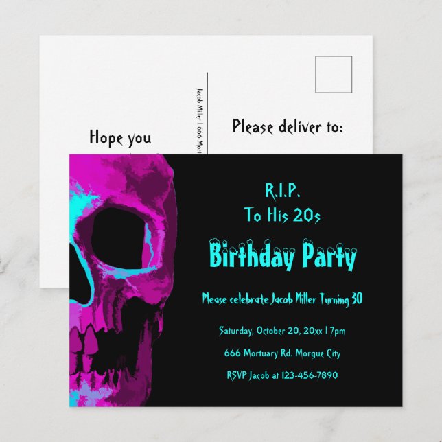 Invitation Carte Postale Crâne gothique Violet Turquoise Anniversaire RIP à (Devant / Derrière)