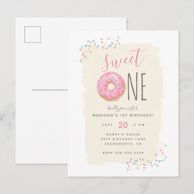 Invitation Carte Postale Crème | Doughnut rose saupoudrer doux 1er annivers (Devant / Derrière)