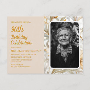 Invitation Carte Postale Crème Floral Jaune femme 90e anniversaire Phot