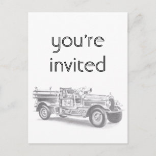 Invitation Carte Postale croquis au crayon de vieux camion de pompiers dess