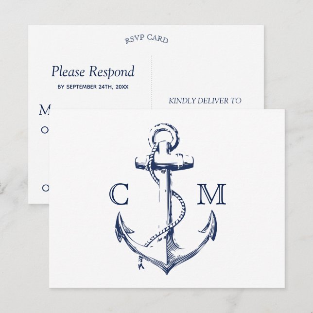 Invitation Carte Postale Croquis nautique Ancre blanc choix de repas RSVP (Devant / Derrière)