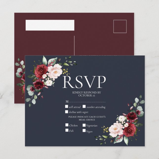 Invitation Carte Postale Cuivre Géométrique Bourgogne Bleu RSVP (Devant / Derrière)