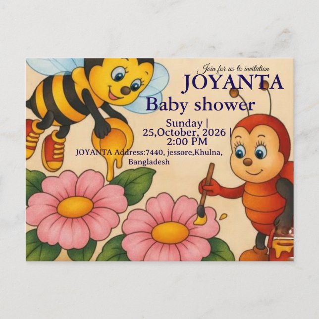 Invitation Carte Postale Custom bee baby shower  (Devant)