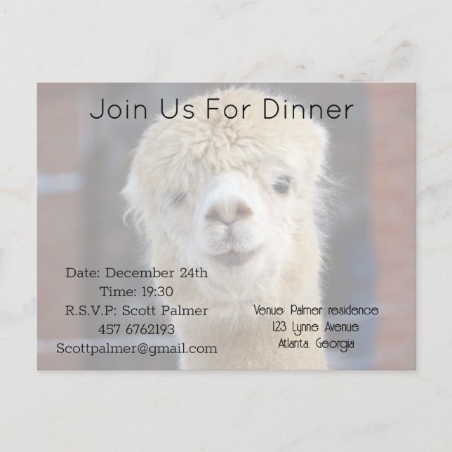 Invitation Carte Postale Cute Alpaca face (Devant)