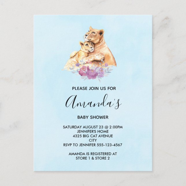 Invitation Carte Postale Cute Aquarelle Mère Lion & Baby shower Cub (Devant)