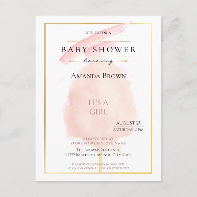 Invitation Carte Postale Cute Aquarelle rose Coton Baby shower bonbon (Devant)