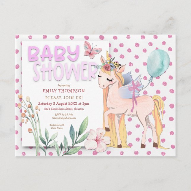 Invitation Carte Postale Cute Baby shower rose Unicorn (Devant)