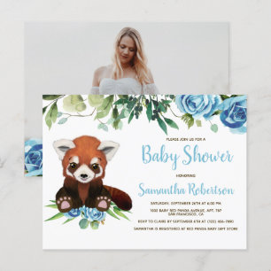 Invitation Carte Postale Cute Bear Blue Flowers Boy Baby shower Photo