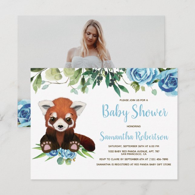 Invitation Carte Postale Cute Bear Blue Flowers Boy Baby shower Photo (Devant / Derrière)
