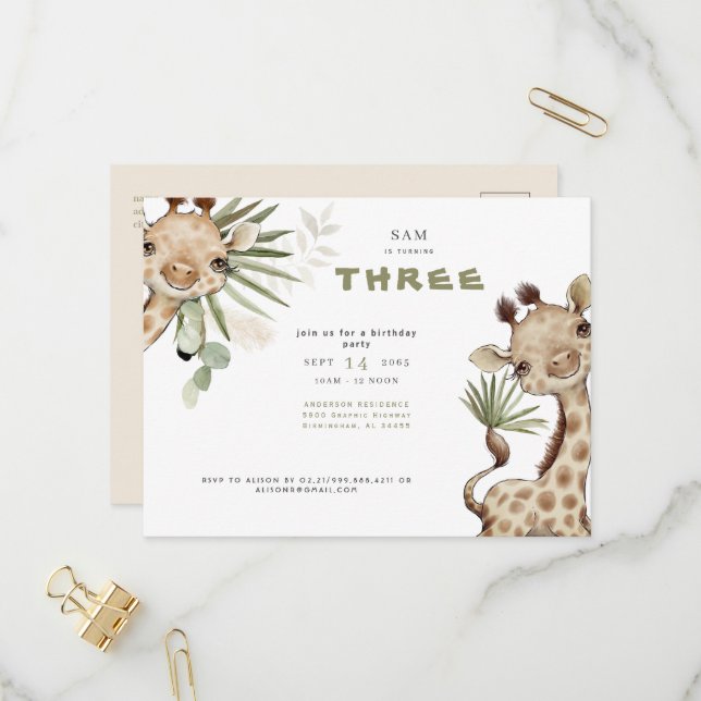 Invitation Carte Postale Cute Boho Giraffe Neutral Pampas Anniversaire (Devant/Arrière en situation)