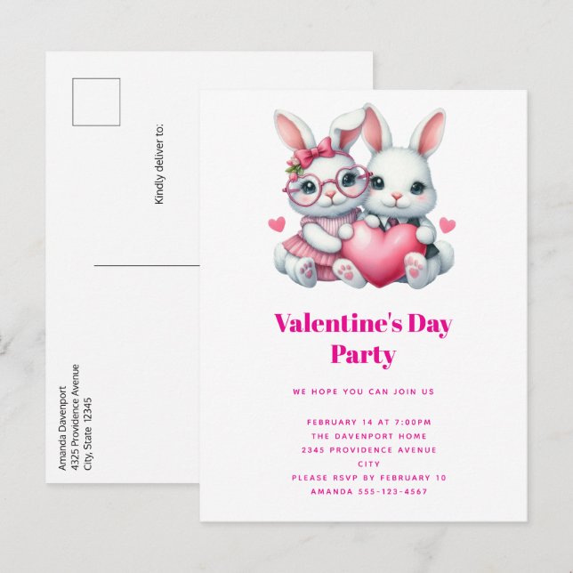 Invitation Carte Postale Cute Bunnies Sharing a Heart Valentine's Party (Devant / Derrière)
