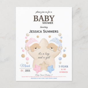 Invitation Carte Postale Cute dormant Teddy Bear Twins Baby shower Invitat