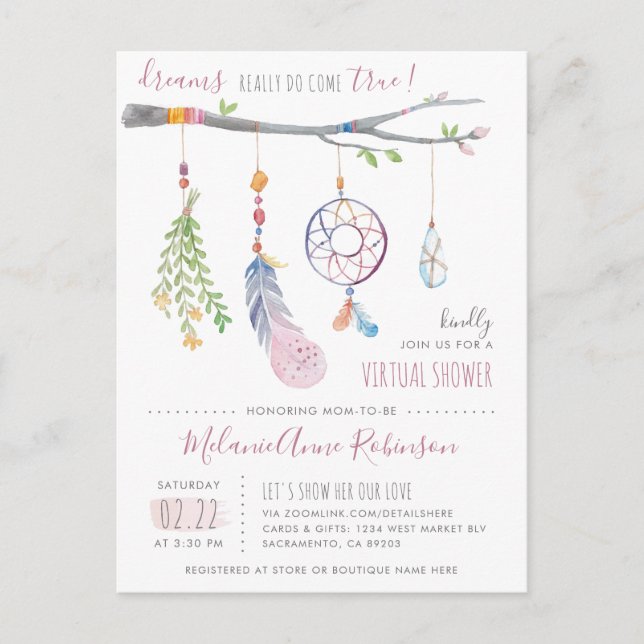 Invitation Carte Postale Cute Dream Catcher Tribal Feathers Douche virtuell (Devant)