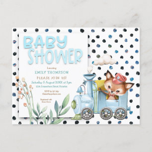 Invitation Carte Postale Cute Fox En Train pois Baby shower Bleu
