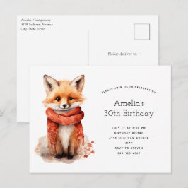 Invitation Carte Postale Cute Fox Pup in a Red Scarf Birthday