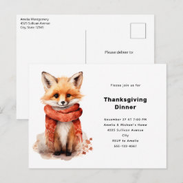 Invitation Carte Postale Cute Fox Pup in a Red Scarf Thanksgiving