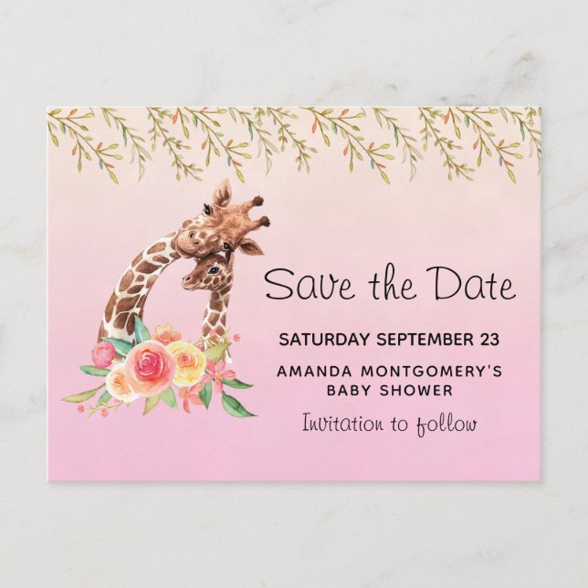 Invitation Carte Postale Cute Giraffe Aquarelle Maman & Bébé Enregistrer la (Devant)
