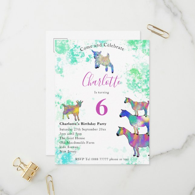 Invitation Carte Postale Cute Goats 6e fête d'anniversaire (Devant/Arrière en situation)