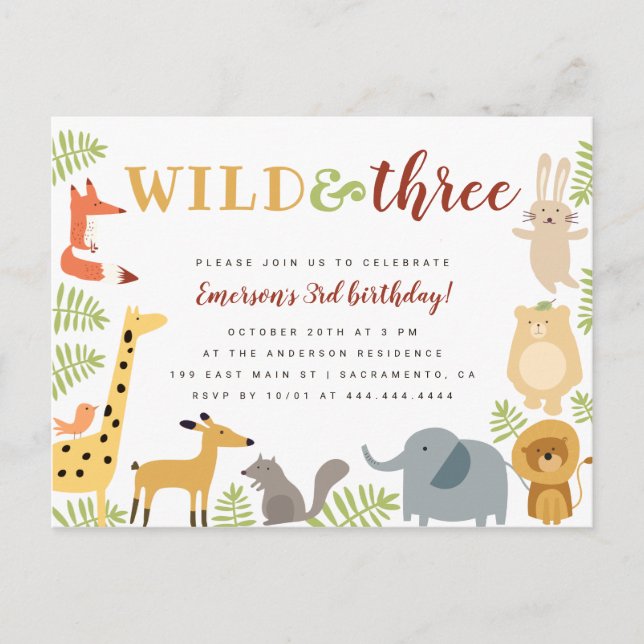 Invitation Carte Postale Cute Jungle Animaux & Feuilles Wild & Trois Annive (Devant)