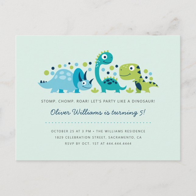 Invitation Carte Postale Cute Jurassic Dinosaures Fête d'Anniversaire pour  (Devant)