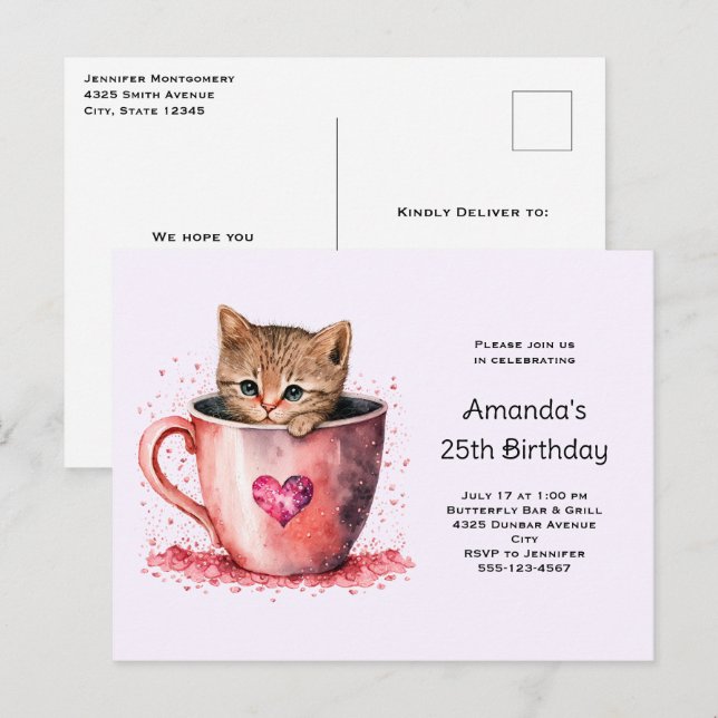 Invitation Carte Postale Cute Kitten dans un Teacup avec coeur Anniversaire (Devant / Derrière)
