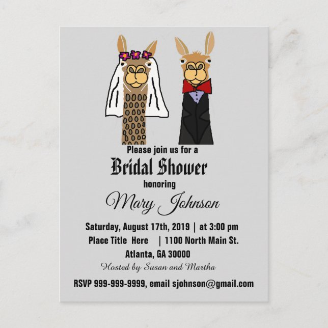 Invitation Carte Postale Cute Llama Mariée et Fête des mariées de chambre (Devant)