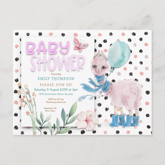 Invitation Carte Postale Cute Llama Wellies Points Baby shower rose (Devant)